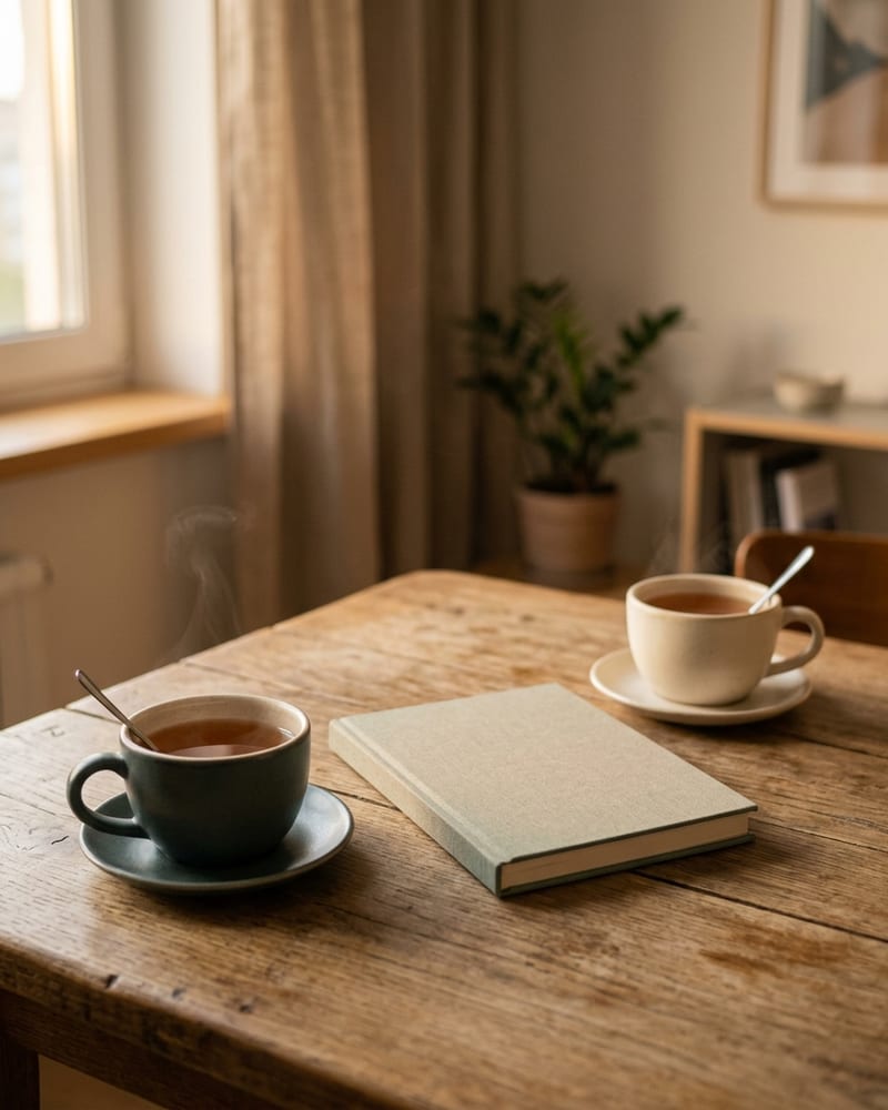 Две чашки чая на столе напротив друг друга, между ними закрытый блокнот, тёплый вечерний свет